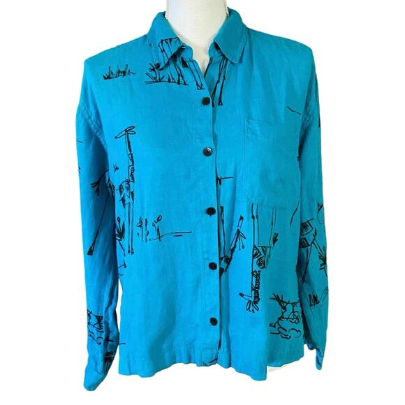 Chico's Tops - Chicos Size 0 Small 100% Linen Giraffe Novelty Print Boxy Fit Button Front Shirt
